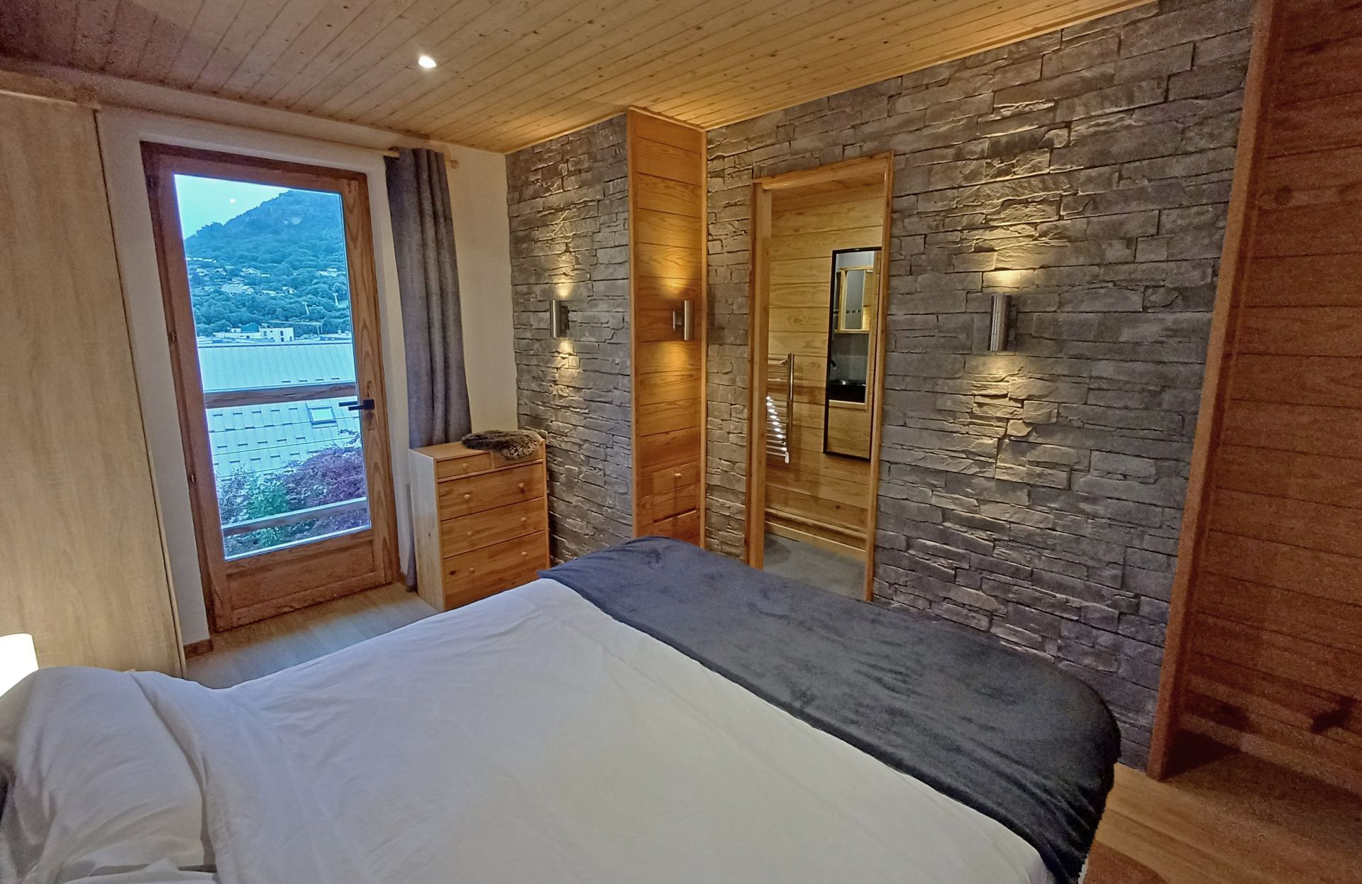 Chalet interior evening light